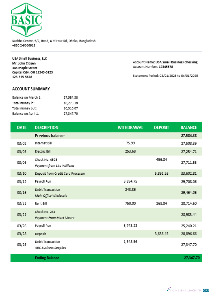 Download Basic Bank enterprise account statement Word and PDF template Photoshop template